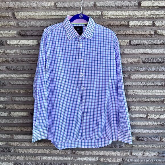 Tattersall London Pink Blue Plaid Check Spread Collar Dress Shirt Size 17 34/35 - Picture 9 of 9